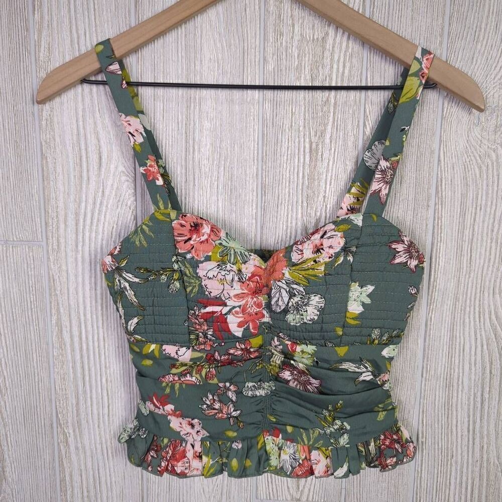 BOG Collective Women’s XS Green Floral Corset Cropped Top Shirt Vibrant Mod